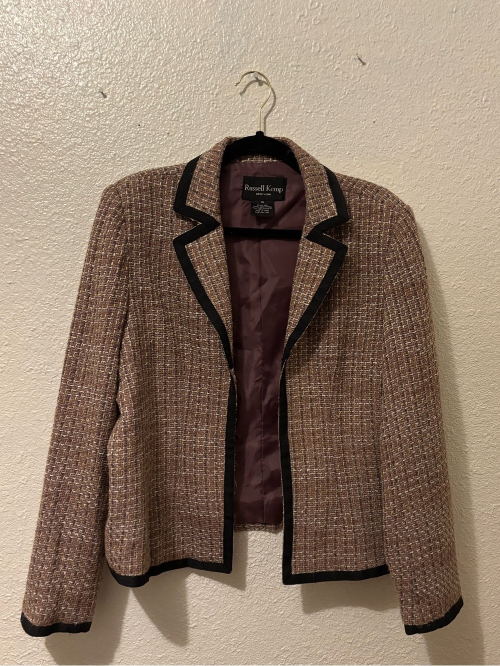 Russell Kemp Tweed Blazer Jacket in Brown with Black Trim